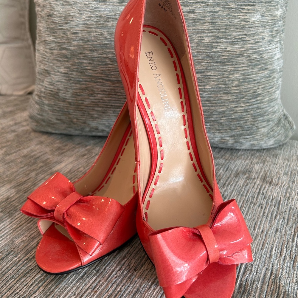 Enzo Angiolini Coral Pink Bow Peep Toe Heels